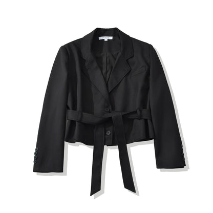 Women's Short Blazer with Waist Belt and Lapel Collar EVA-US