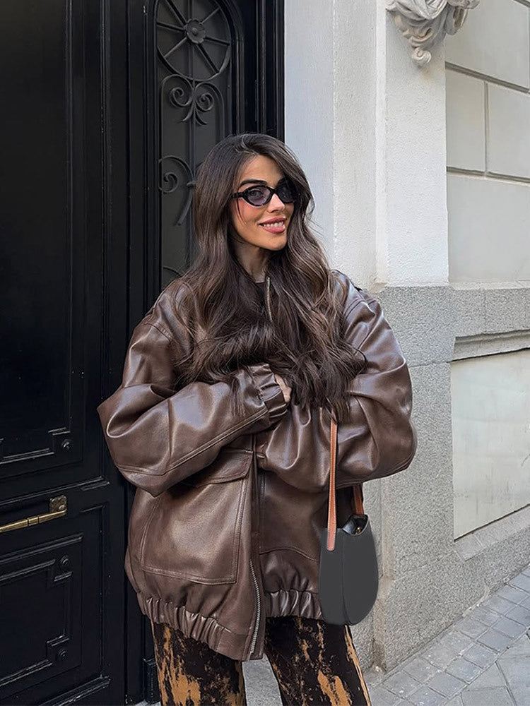 Women's Oversize Vegan Leather Bomber Jacket with Elastic Hem & Large Flap Pockets EVA-US