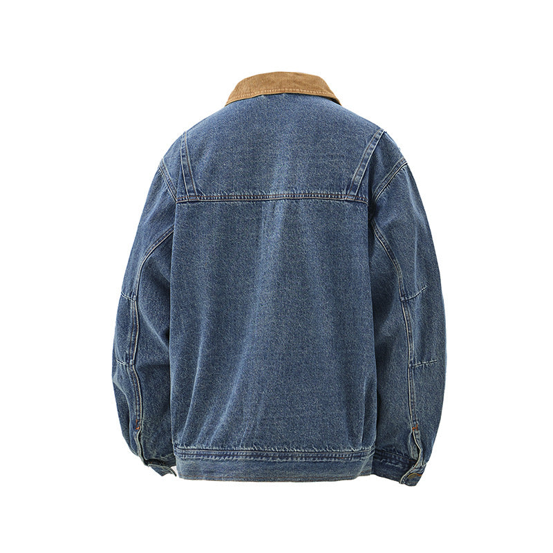 Men's Boxy Denim Blouson Jacket with Cord Collar and Multi-Function Flap Pockets EVA-US