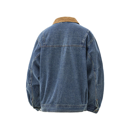 Men's Boxy Denim Blouson Jacket with Cord Collar and Multi-Function Flap Pockets EVA-US