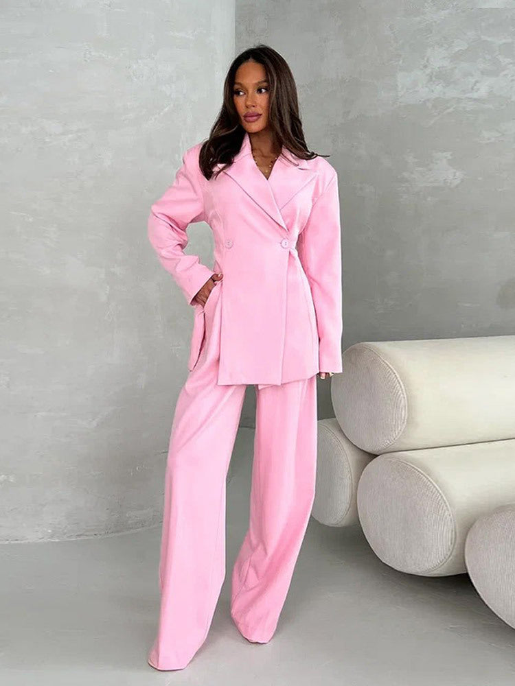 Women's Two-piece Oversized Suit Set with Wrap Blazer and Wide Palazzo Pants EVA-US