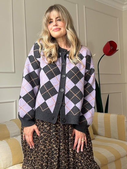 Women's argyle cardigan with boxy silhouette and large button placket EVA-US