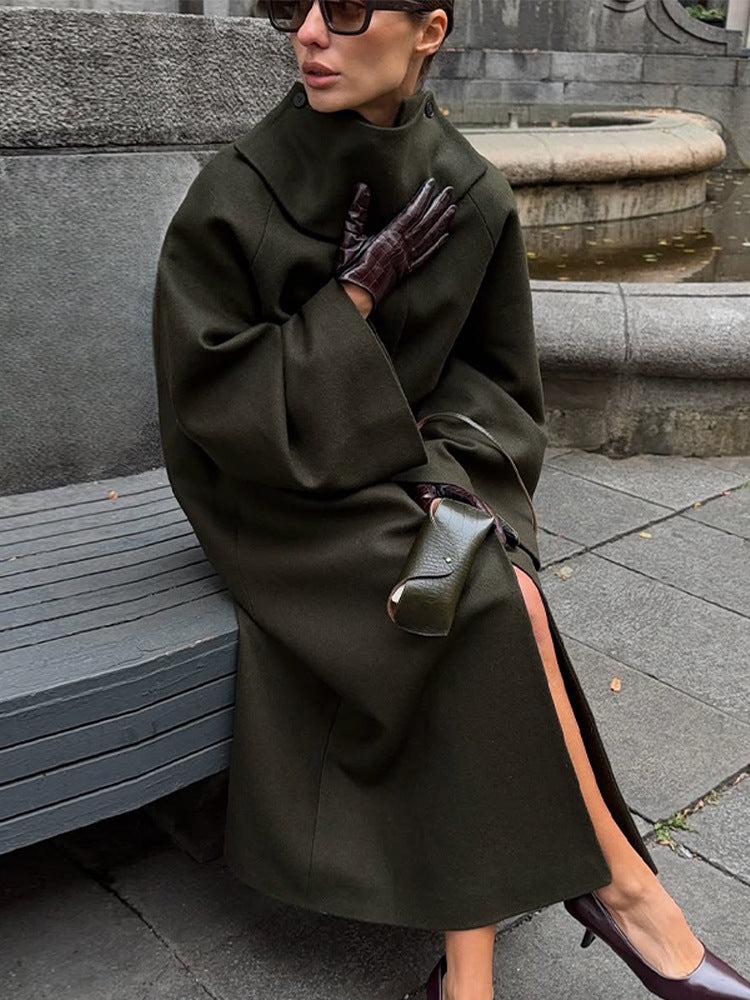 Women Maxilength Oversize Wool Blend Coat with Oversized Stand Collar and Balloon-like Sleeves EVA-US