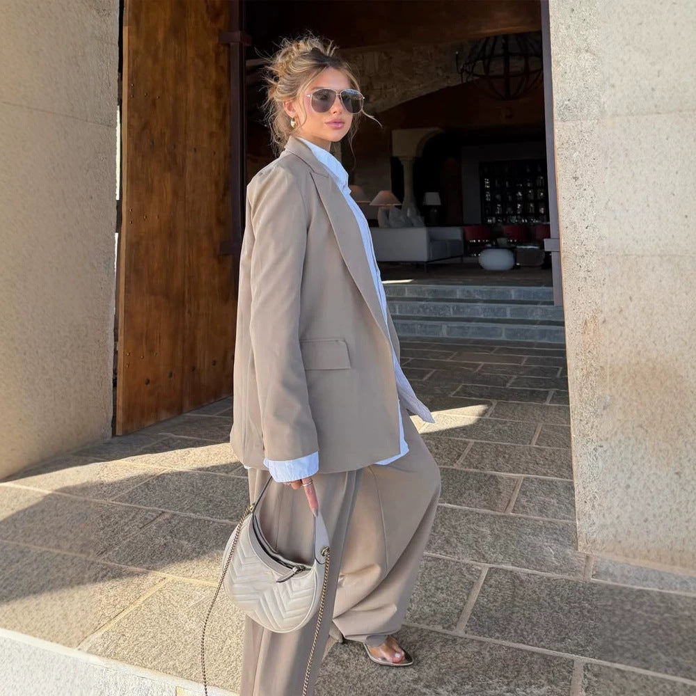 Women's Three-Piece Tailoring Set with Corset Top, Oversized Blazer, and Pleated Wide-Leg Pants EVA-US