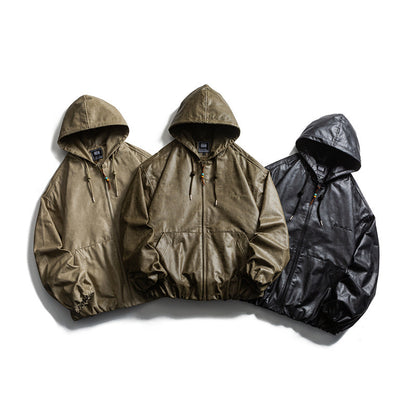 Men's short-cut faux leather hooded jacket in boxy cut with elastic hem and kangaroo pockets EVA-US