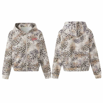 Women's Cozy Hooded Jacket in Boxy Cut with Vintage Leopard Print and Kangaroo Pocket EVA-US