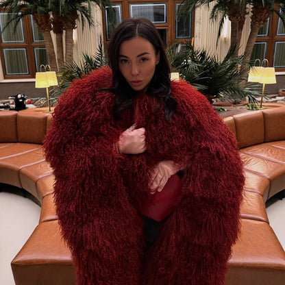 Women Extravagant Oversize Faux Fur Coat with Long Pile Curl Structure EVA-US