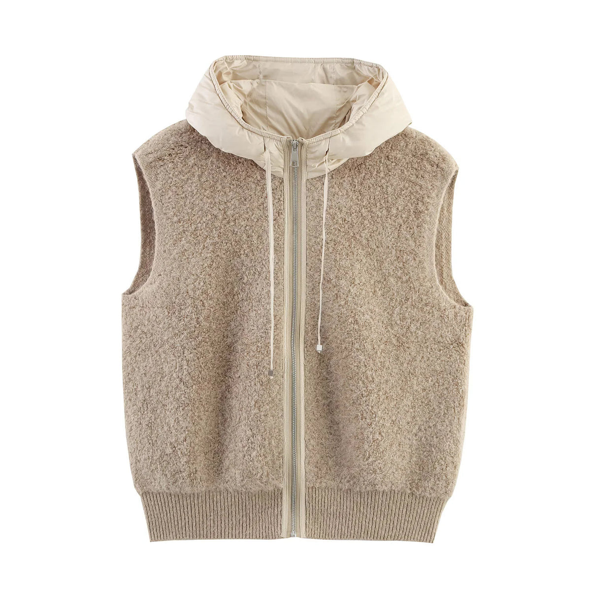 Women's Sleeveless Boucle Vest with Zipper, Padded Hood and Ribbed Hem EVA-US