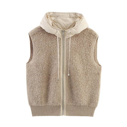 Women's Sleeveless Boucle Vest with Zipper, Padded Hood and Ribbed Hem EVA-US