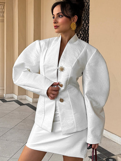 Women's Tailored Blazer Suit with Sculptural Balloon Sleeves and Mini Skirt EVA-US