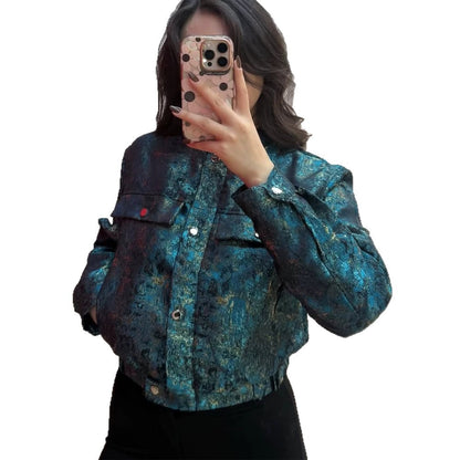 Women's Short Jacket in Metallic Jacquard with Snap Button Placket and Flap Pockets EVA-US