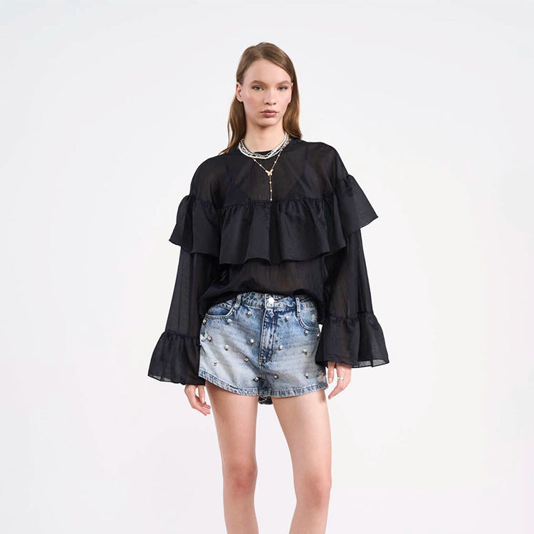 Women's Transparent Ruffle Blouse with Double Ruffle and Bell Sleeves EVA-US