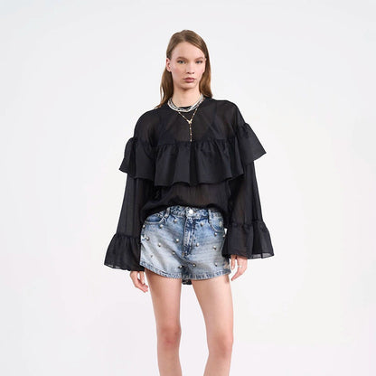 Women's Transparent Ruffle Blouse with Double Ruffle and Bell Sleeves EVA-US