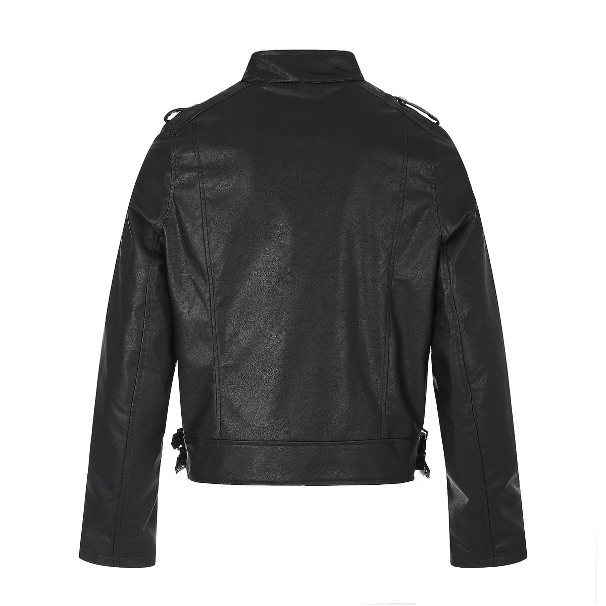 Men's biker leather jacket in military style with studs, stand-up collar and waist belt EVA-US