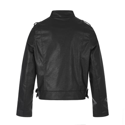 Men's biker leather jacket in military style with studs, stand-up collar and waist belt EVA-US
