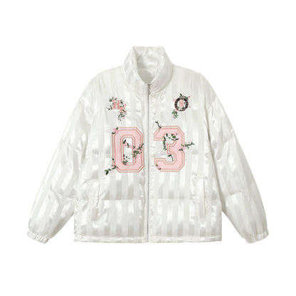 Women's Boxy Quilted Satin Puffer Jacket with Floral Embroidery Detail EVA-US
