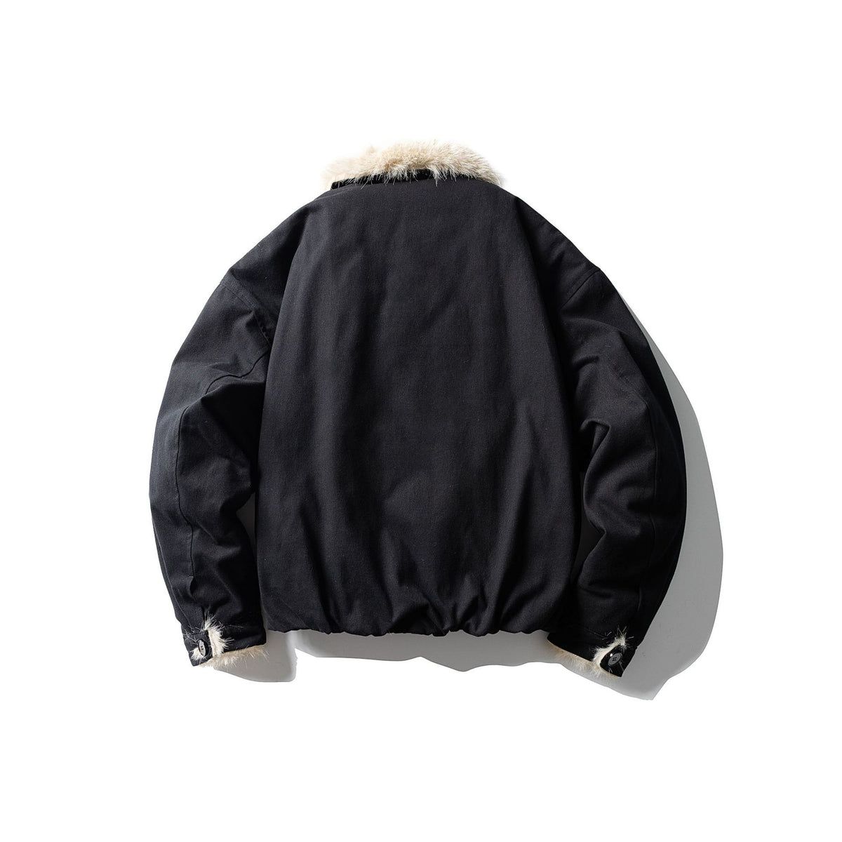 Unisex Short-cut Boxy Bomber Jacket with Faux Fur Trim and Button Placket EVA-US