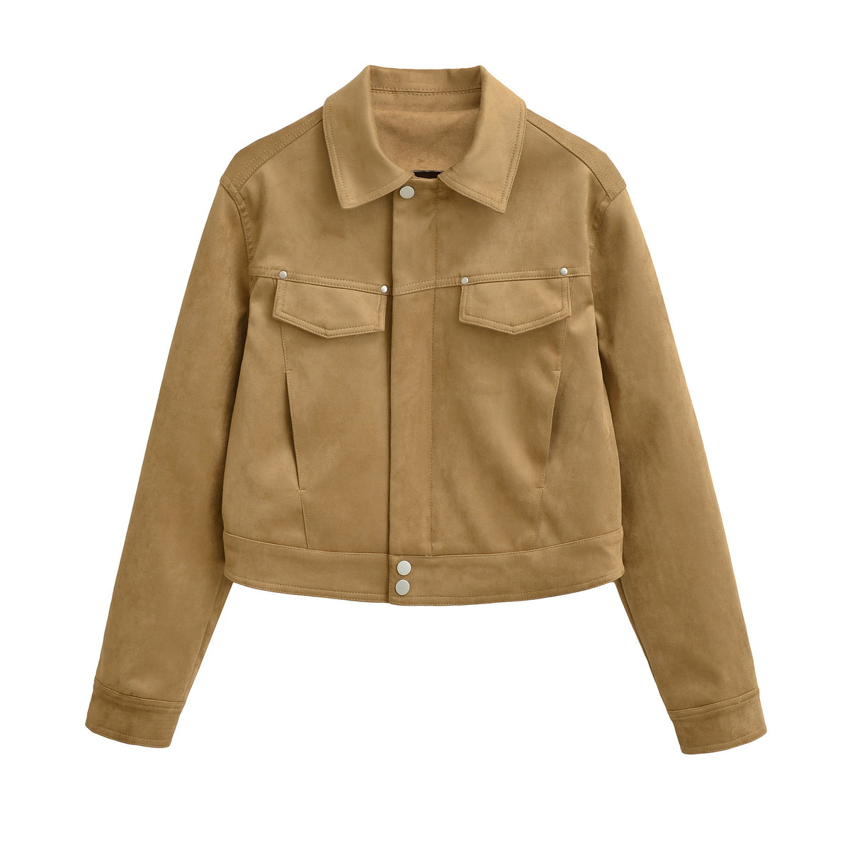 Women Short Velvet-Look Jacket with Snap Button Placket and Patch Breast Pockets EVA-US