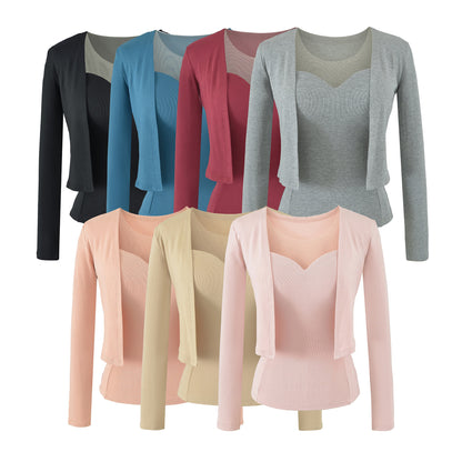 Ladies Two-Piece Fine Knit Top Set with Mesh Insert and Open Cardigan EVA-US