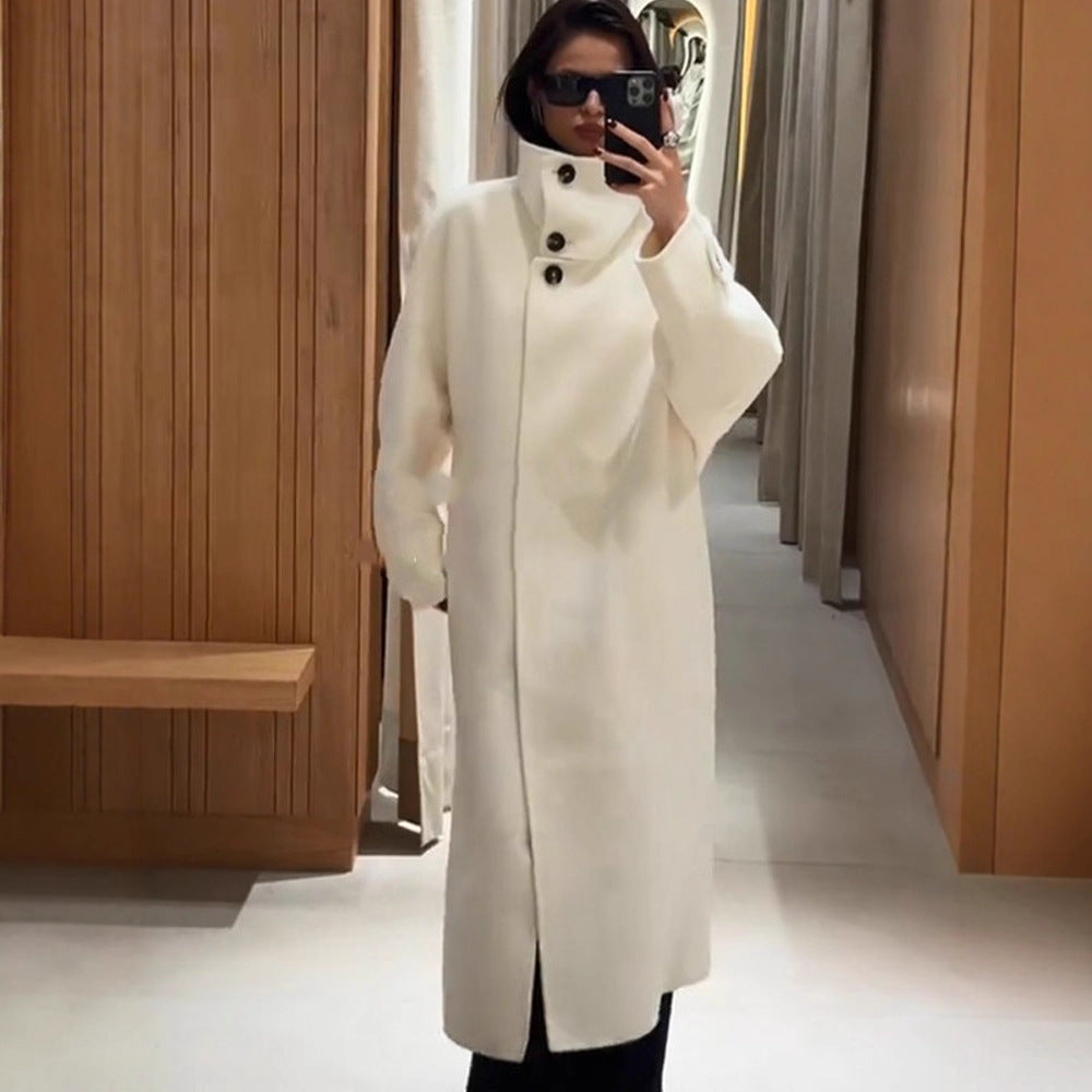 Women's Oversize Wool Blend Coat with Asymmetrical Cut and High Stand Collar EVA-US