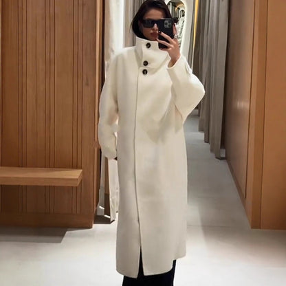 Women's Oversize Wool Blend Coat with Asymmetrical Cut and High Stand Collar EVA-US