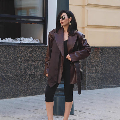 Women's Oversized Blazer Coat in Crocodile Embossing with Shawl Collar and Tie Belt EVA-US