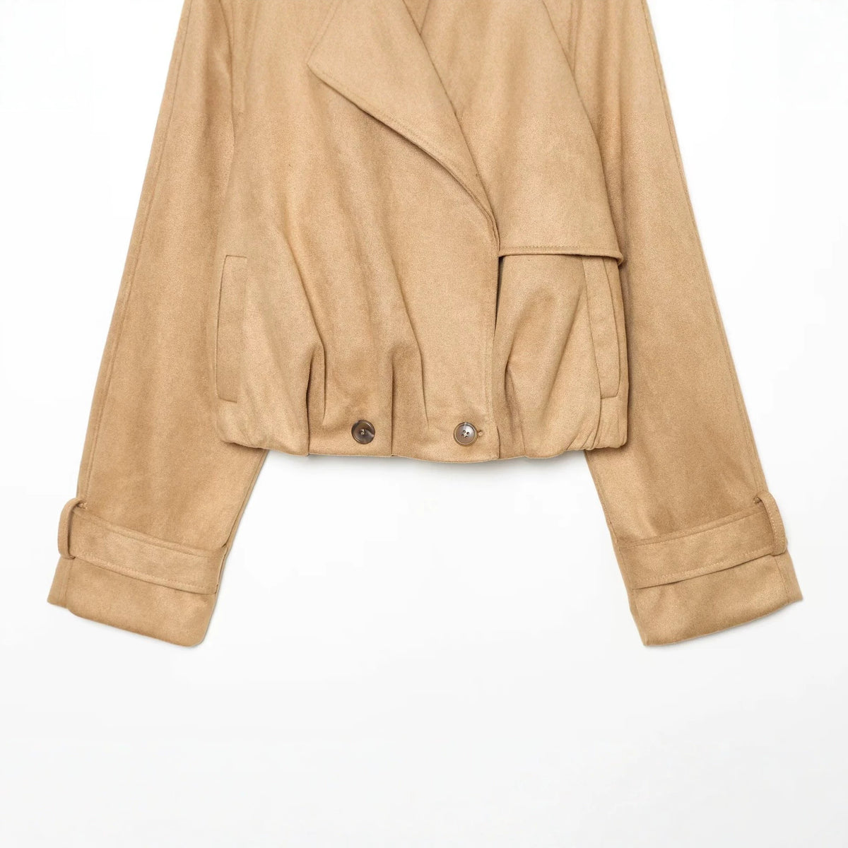 Women Short Cut Trench Jacket in Suede Look with Epaulettes and Buckle Cuffs EVA-US