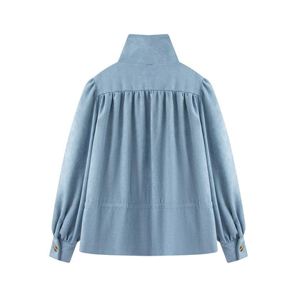 Women's Tailorable Short Jacket with Drawstring, Stand-up Collar, and Balloon Sleeves EVA-US