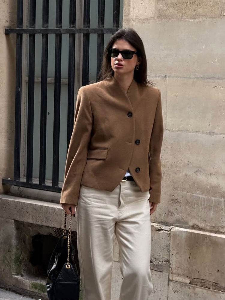 Women's short blazer made of wool blend with stand-up collar, boxy silhouette & three buttons EVA-US