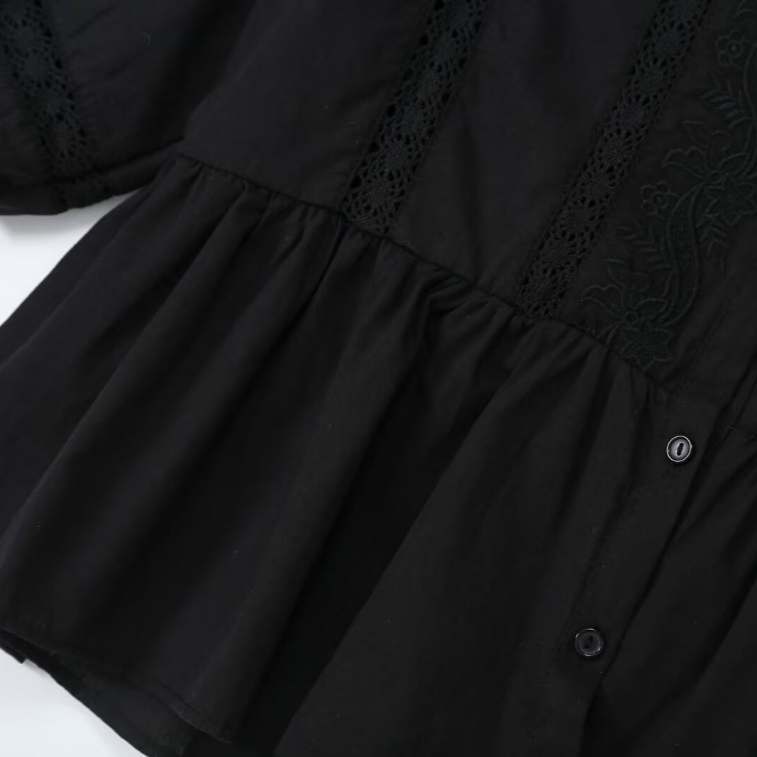 Women's Lace Trim Blouse Tunic with Button Placket and Balloon Sleeves EVA-US