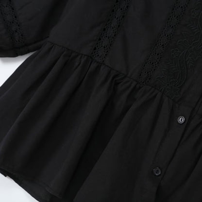 Women's Lace Trim Blouse Tunic with Button Placket and Balloon Sleeves EVA-US