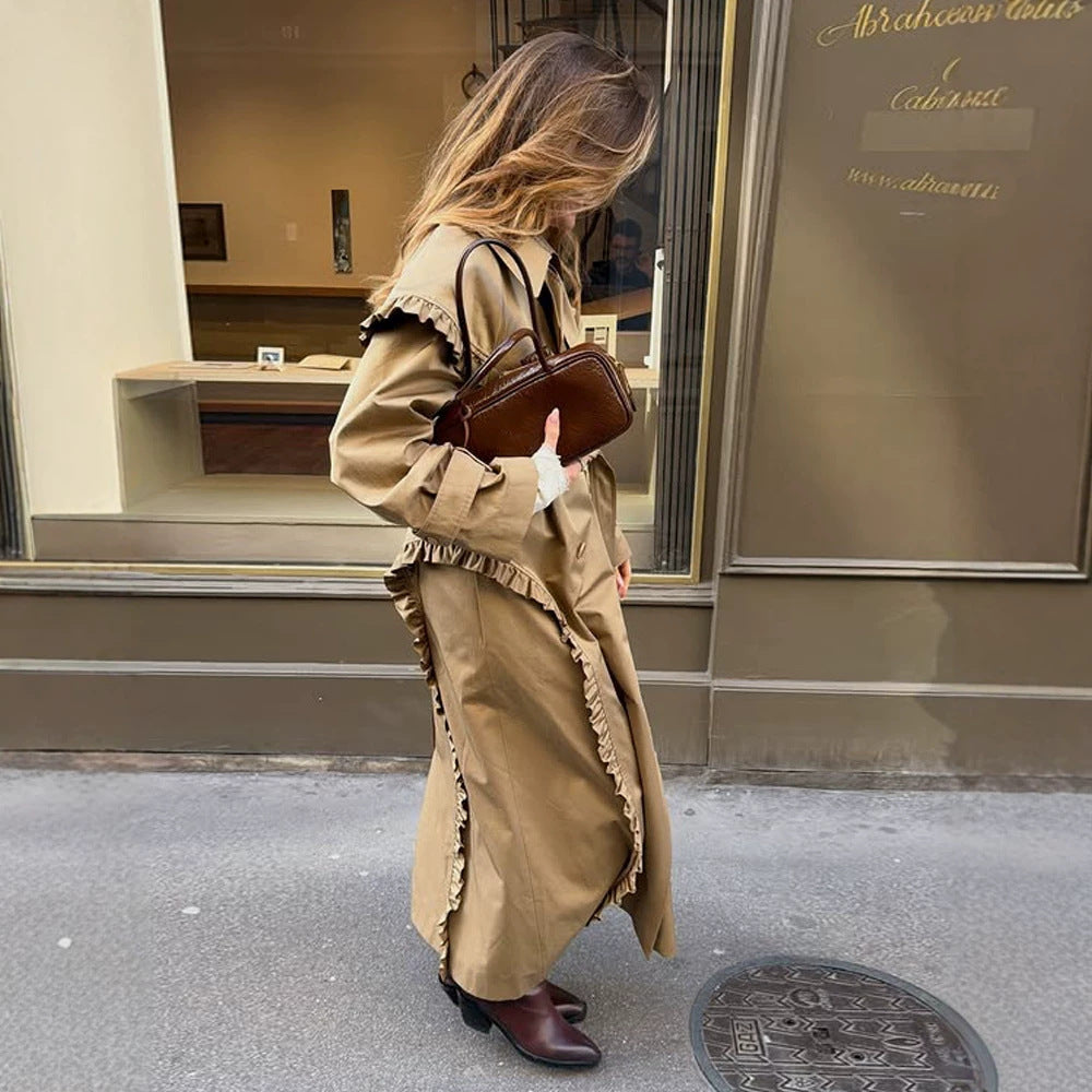 Women's maxi long trench coat with flounce shoulder cape and adjustable cuffs EVA-US