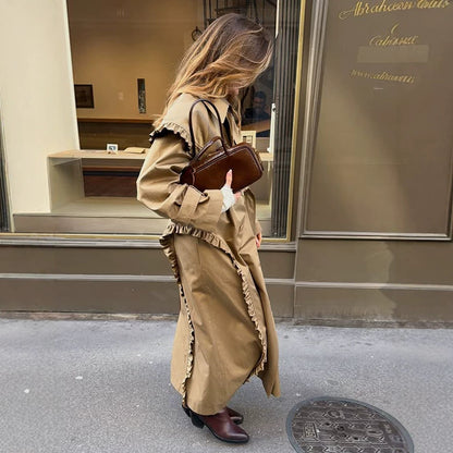 Women's maxi long trench coat with flounce shoulder cape and adjustable cuffs EVA-US