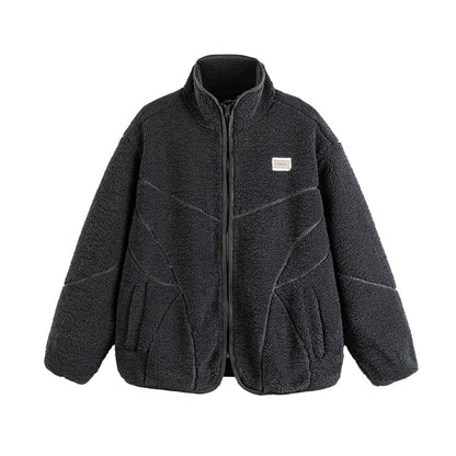 Unisex Teddy-Fleece-Bomber Jacket with Stand Collar and Geometric Seam Design EVA-US