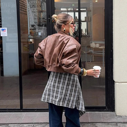 Women's Short Cut Faux Leather Bomber with Ribbed Collar, Zipper & Zip Chest Pocket EVA-US