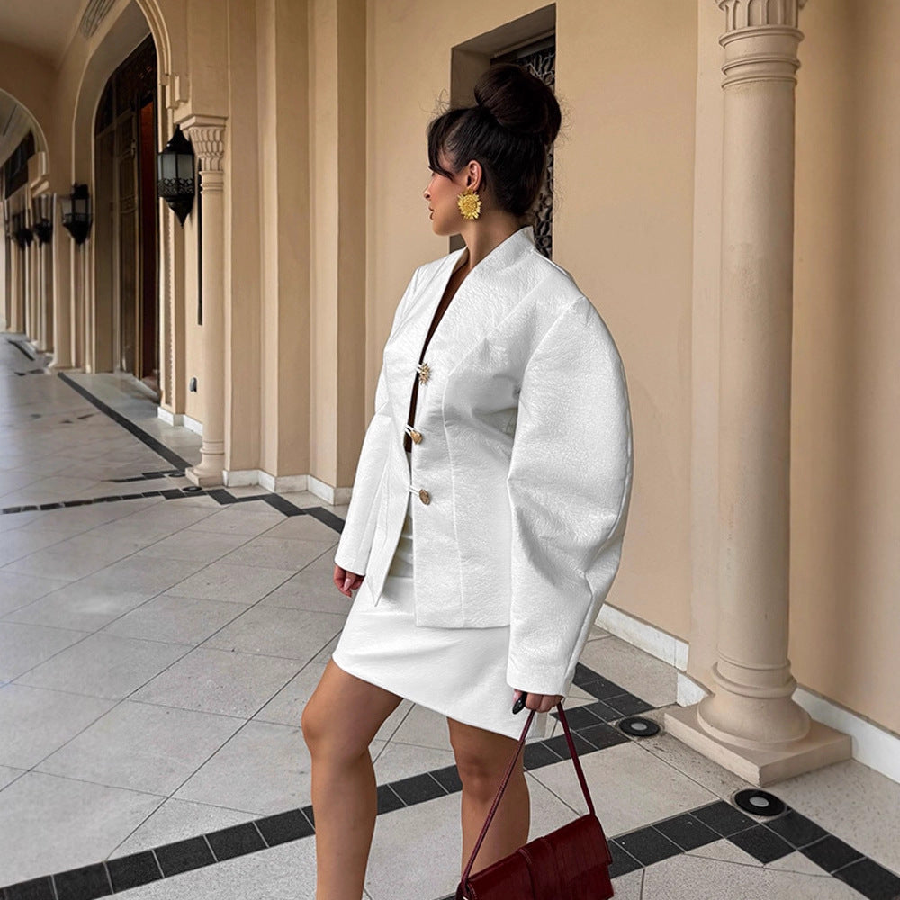 Women's Tailored Blazer Suit with Sculptural Balloon Sleeves and Mini Skirt EVA-US