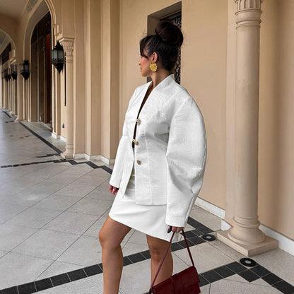 Women's Tailored Blazer Suit with Sculptural Balloon Sleeves and Mini Skirt EVA-US