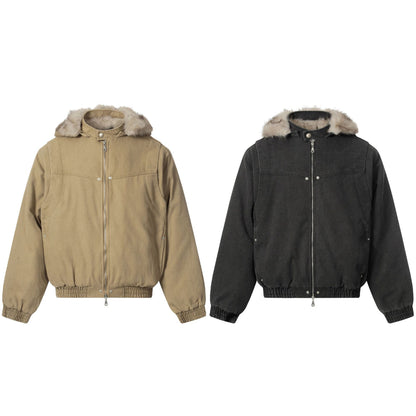 Men's canvas bomber jacket with removable faux fur hood and elastic hem EVA-US