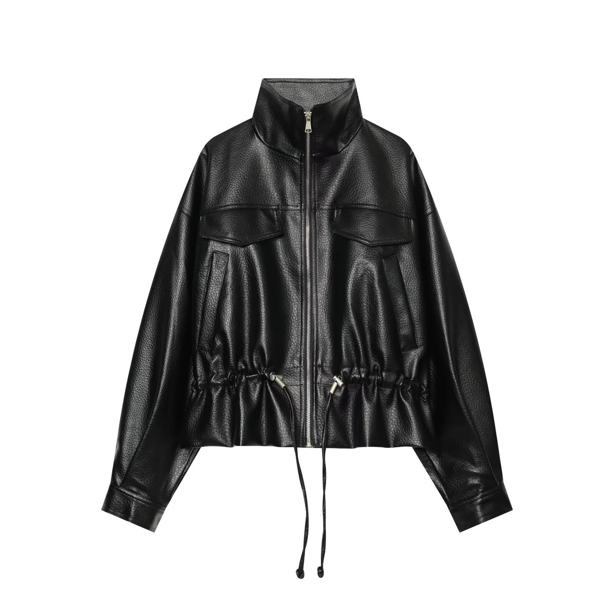 Women's Cropped Faux Leather Blouson with High Stand-up Collar, Flap Pockets and Drawstring