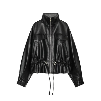 Women's Cropped Faux Leather Blouson with High Stand-up Collar, Flap Pockets and Drawstring