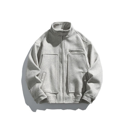 Men's short-cut boxy wool blend blouson with stand-up collar, elastic hem, and zippered chest pocket EVA-US