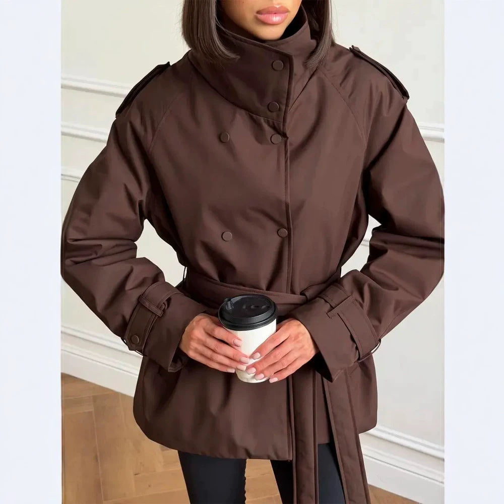 Women Short Technical Trench with High Collar Flap, Double Press Button Placket and Tailoring Tie Belt EVA-US