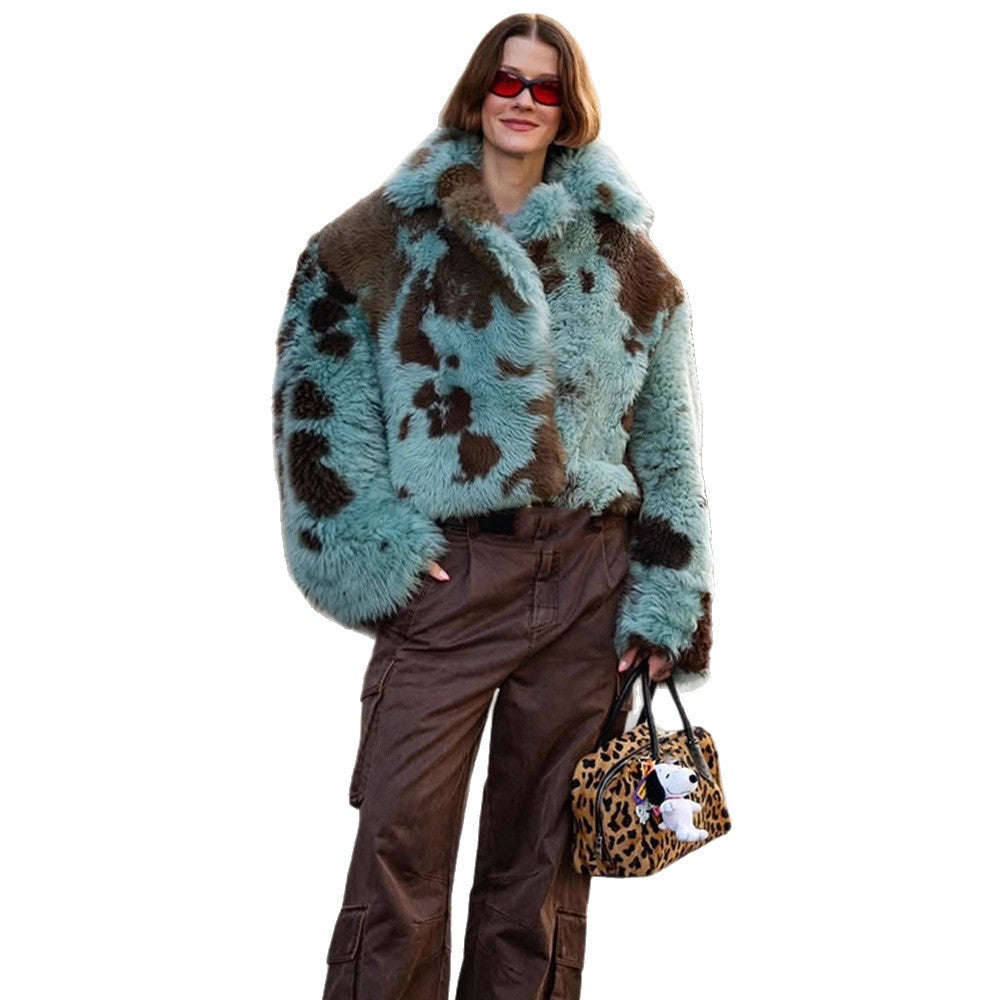 Women's Cropped Faux Fur Coat with Voluminous Shawl Collar EVA-US