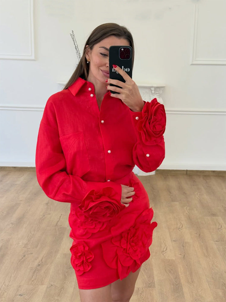 Women's Shirt Blouse-Mini Skirt Set with Voluminous 3D Rose Appliqués and Pearl Details EVA-US