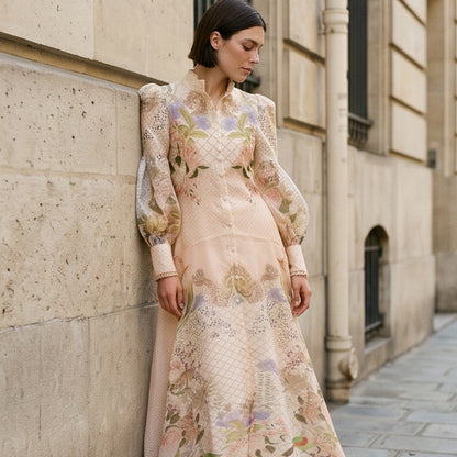 Women's maxi dress with floral print, continuous button placket and voluminous puff sleeves EVA-US