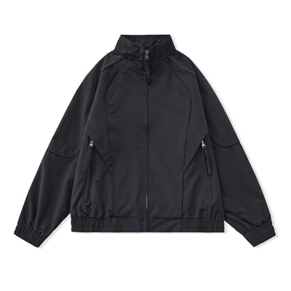 Women Short Boxy Utility Jacket with ergonomic seams, high standing collar and drawstring hood