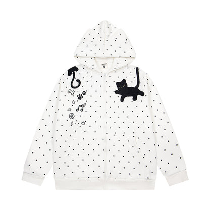 Women's hoodie sweatshirt jacket with cat ears, all-over polka dot and chenille cat applique EVA-US