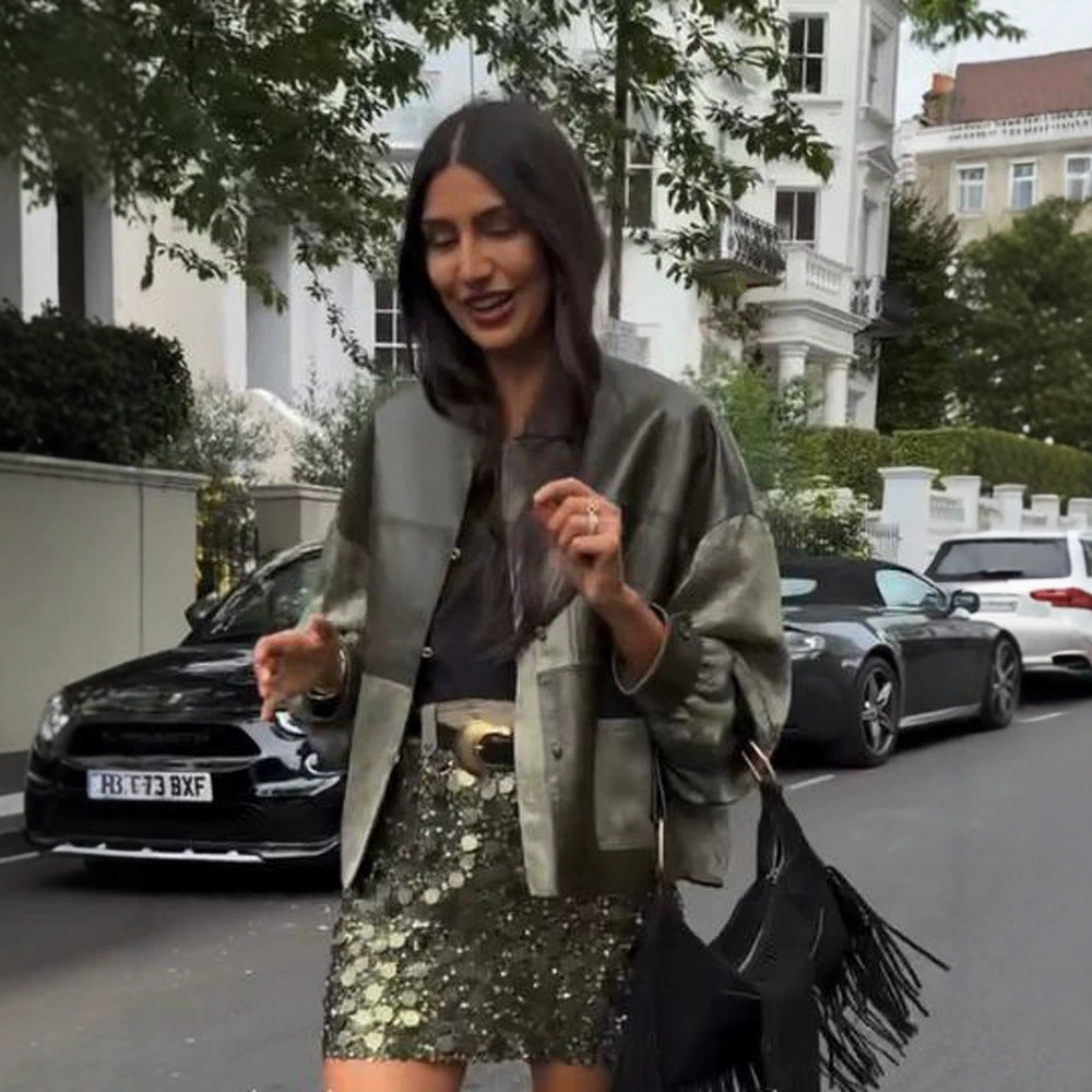 Women's short jacket in leather look and jacquard with stand-up collar EVA-US