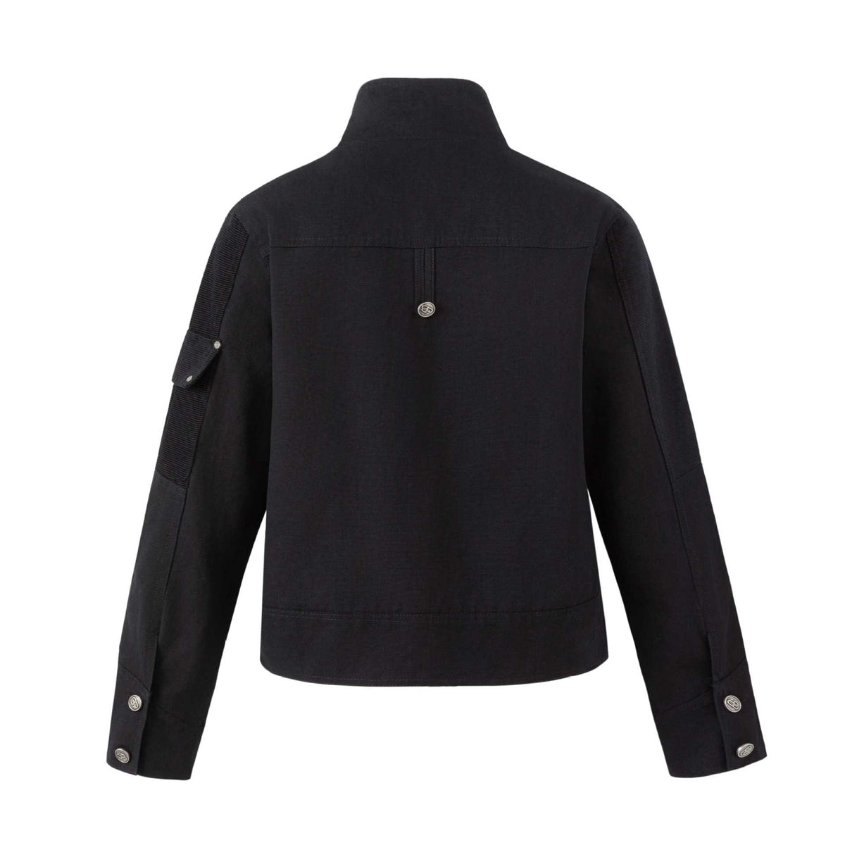 Men's military-inspired short jacket with stand-up collar, belt straps, and decorative flap pockets EVA-US