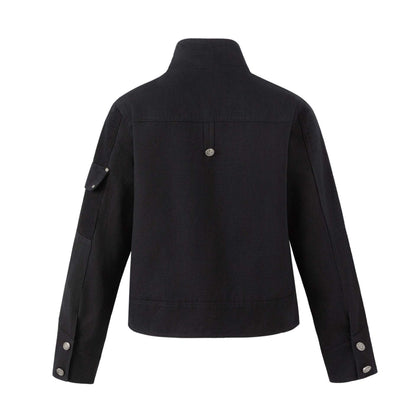 Men's military-inspired short jacket with stand-up collar, belt straps, and decorative flap pockets EVA-US